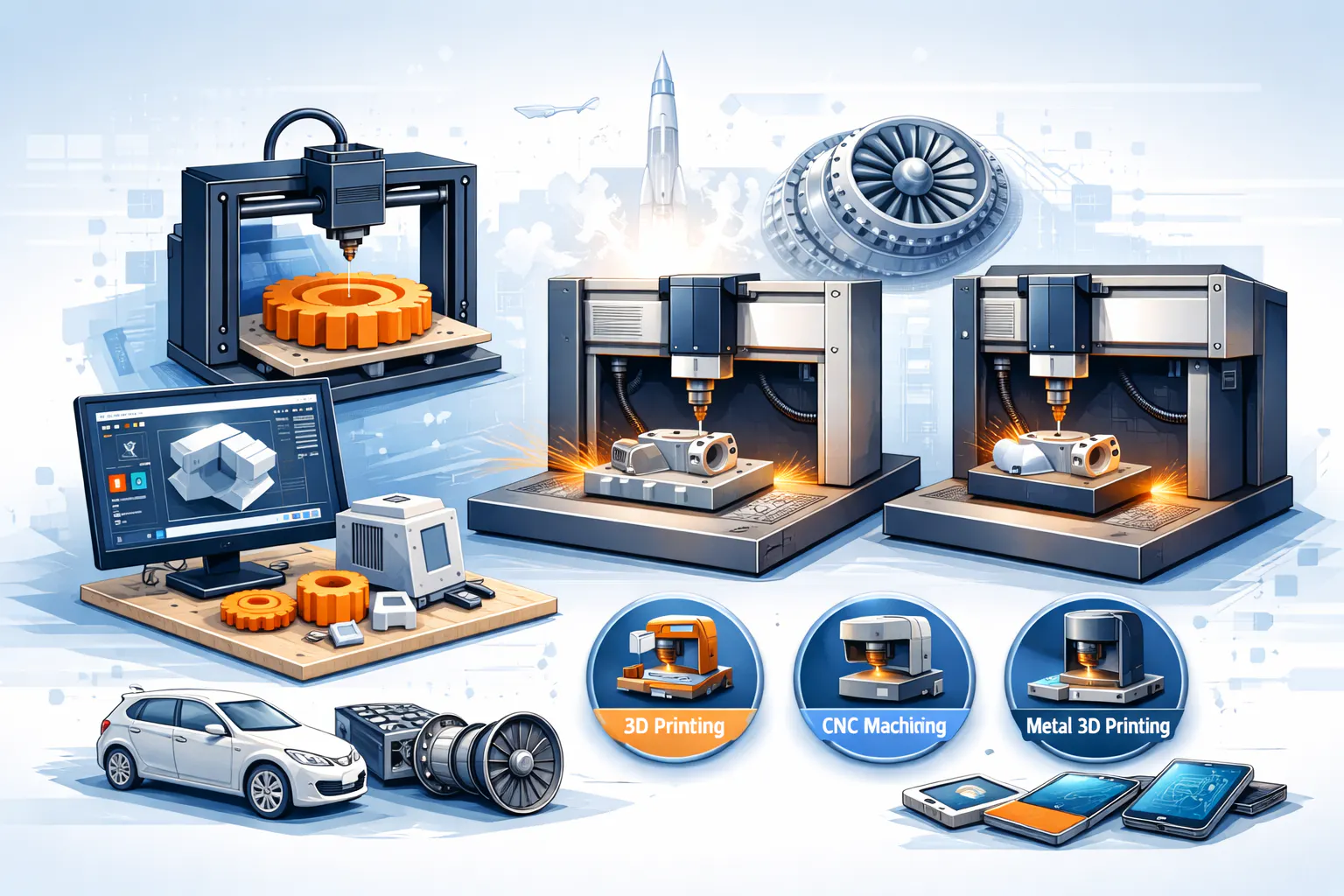 A digital illustration of rapid prototyping with 3D printing, CNC machining, and metal 3D printing.