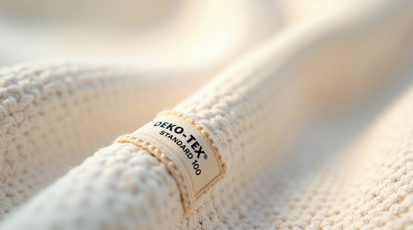 Macro close-up of premium white oeko tex linen fabric texture featuring a stitched Standard 100 woven label, indicating certified chemical-free bedding.