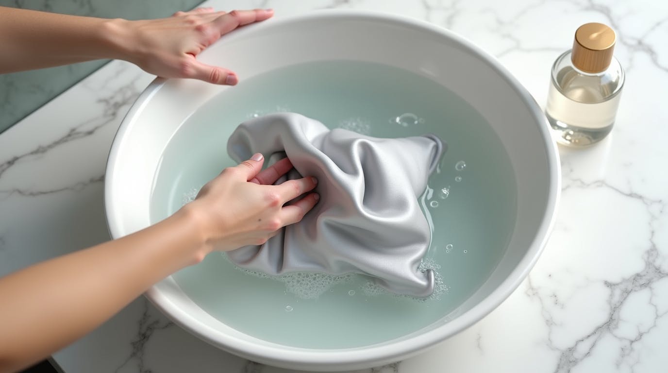 woman washing satin pillowcase by hand