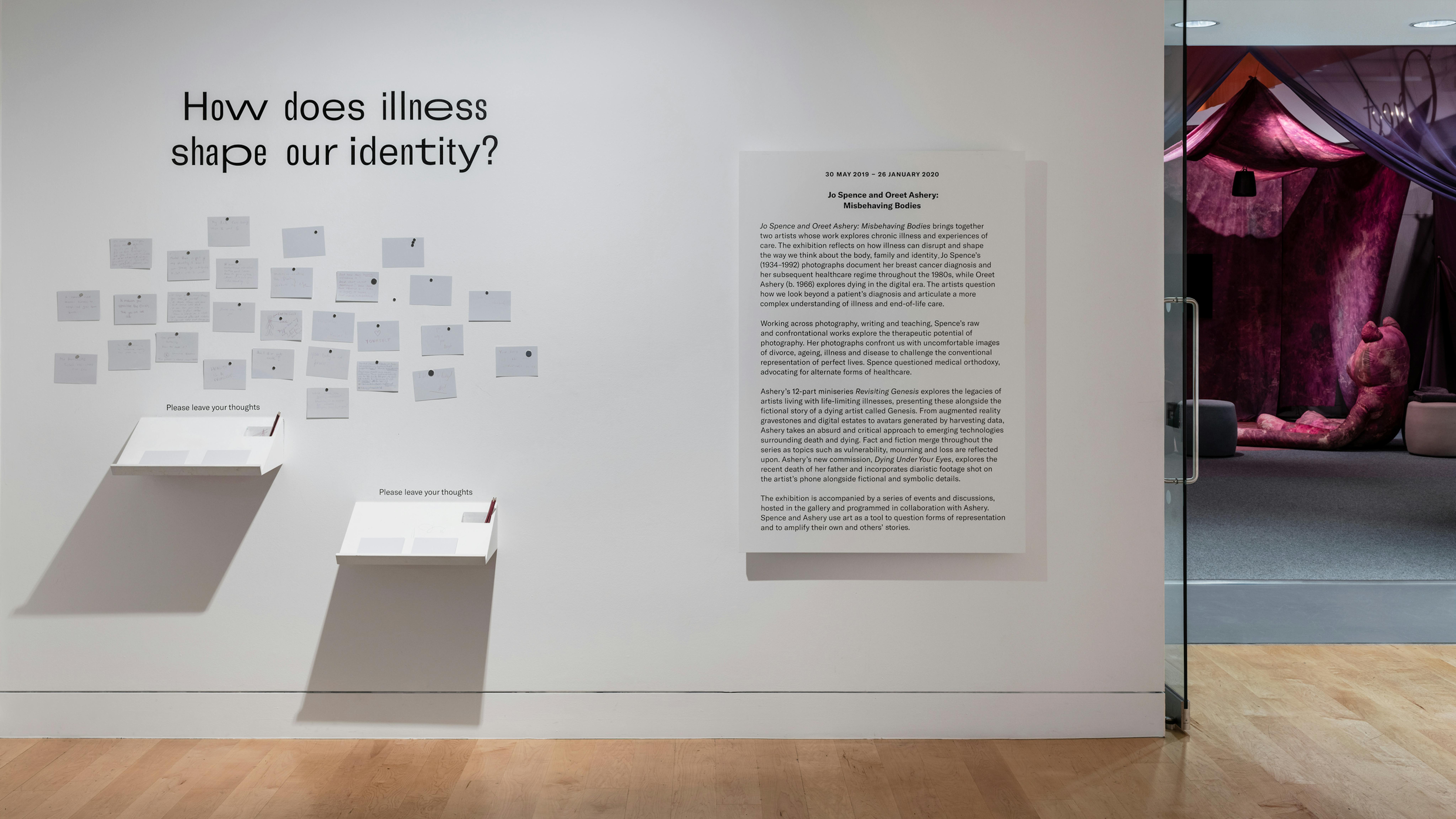 A wall includes the question How does illness shape your identity. It also includes the information panel for the exhibition. 