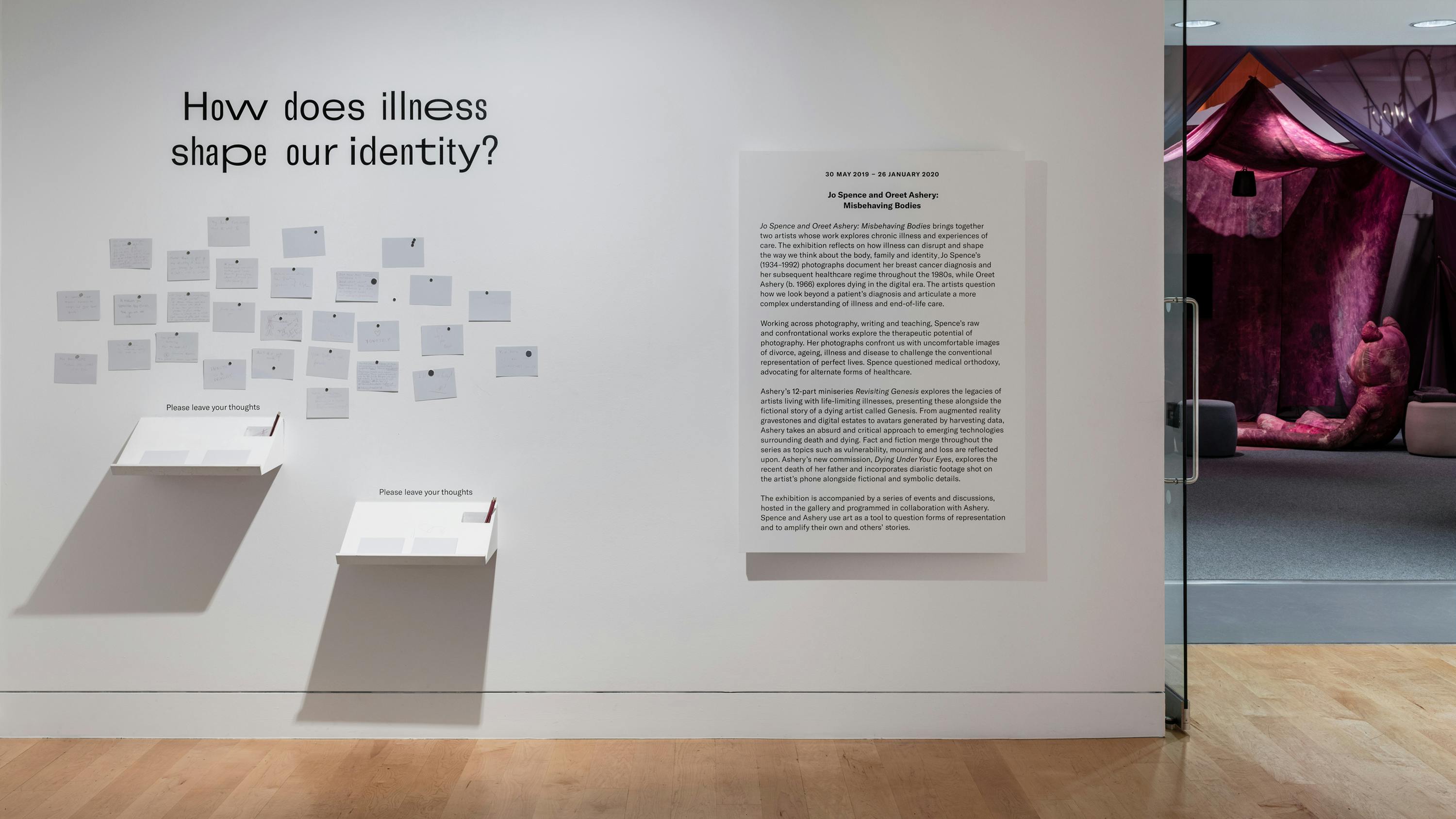 A wall includes the question How does illness shape your identity. It also includes the information panel for the exhibition.