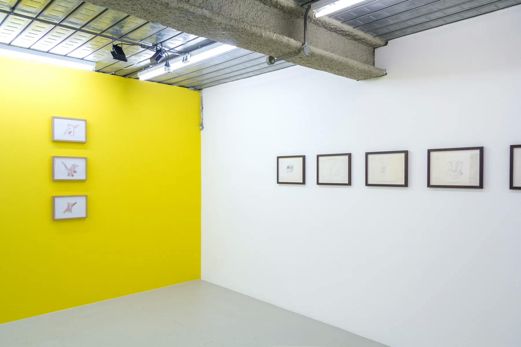 Framed drawings in a line of everyday items such as furniture and toys put together in surreal relationships to form funny animals and shapes. These are drawings for potential sculptures.