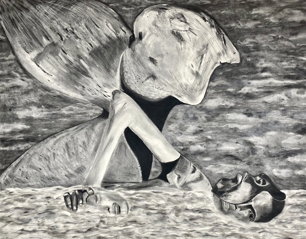 A black and white drawing of a surreal scene. Someone is emerging from water with an enigmatic flowering shape appearing behind them. Their face is split with another face. A face emerges in the water suggesting a sense of transformation.