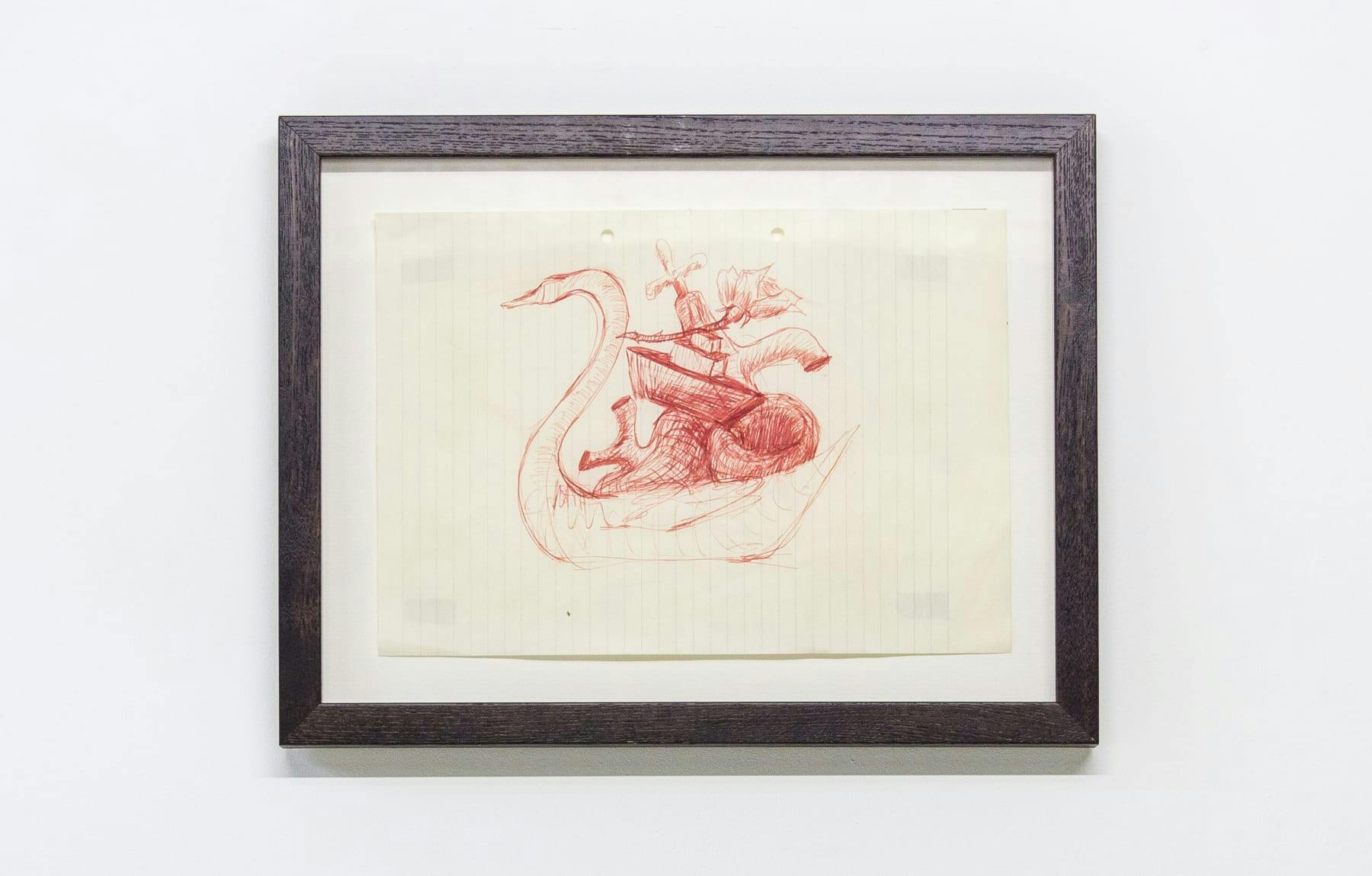 A framed drawing of an over sized swan with assorted elements balancing on top of it. 