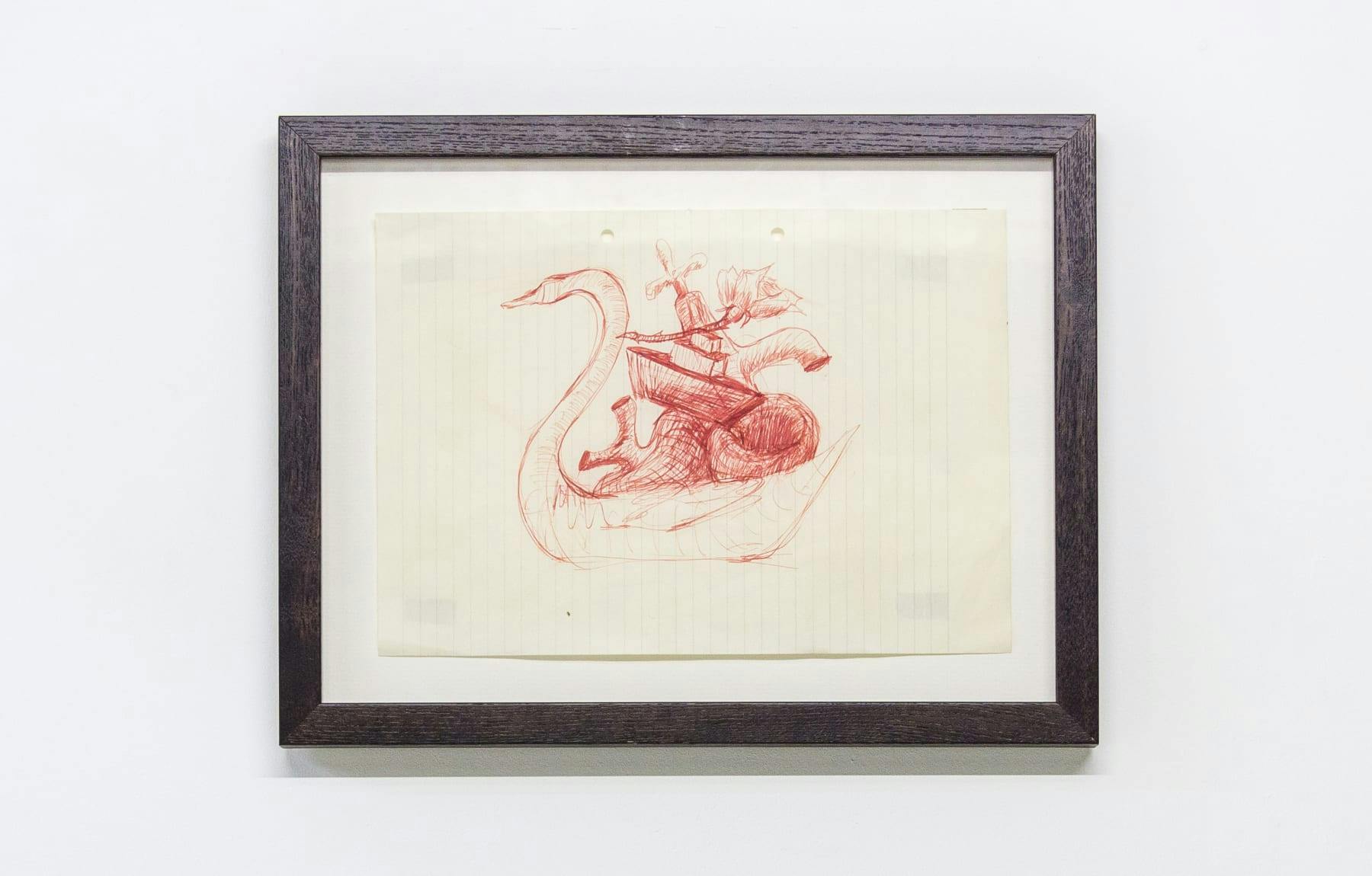 A framed drawing of an over sized swan with assorted elements balancing on top of it.