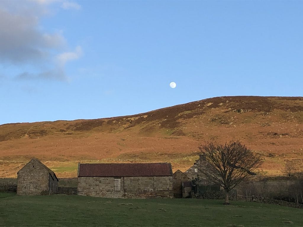 An idyllic picture of a cottage framed by a blue sky and full moon.