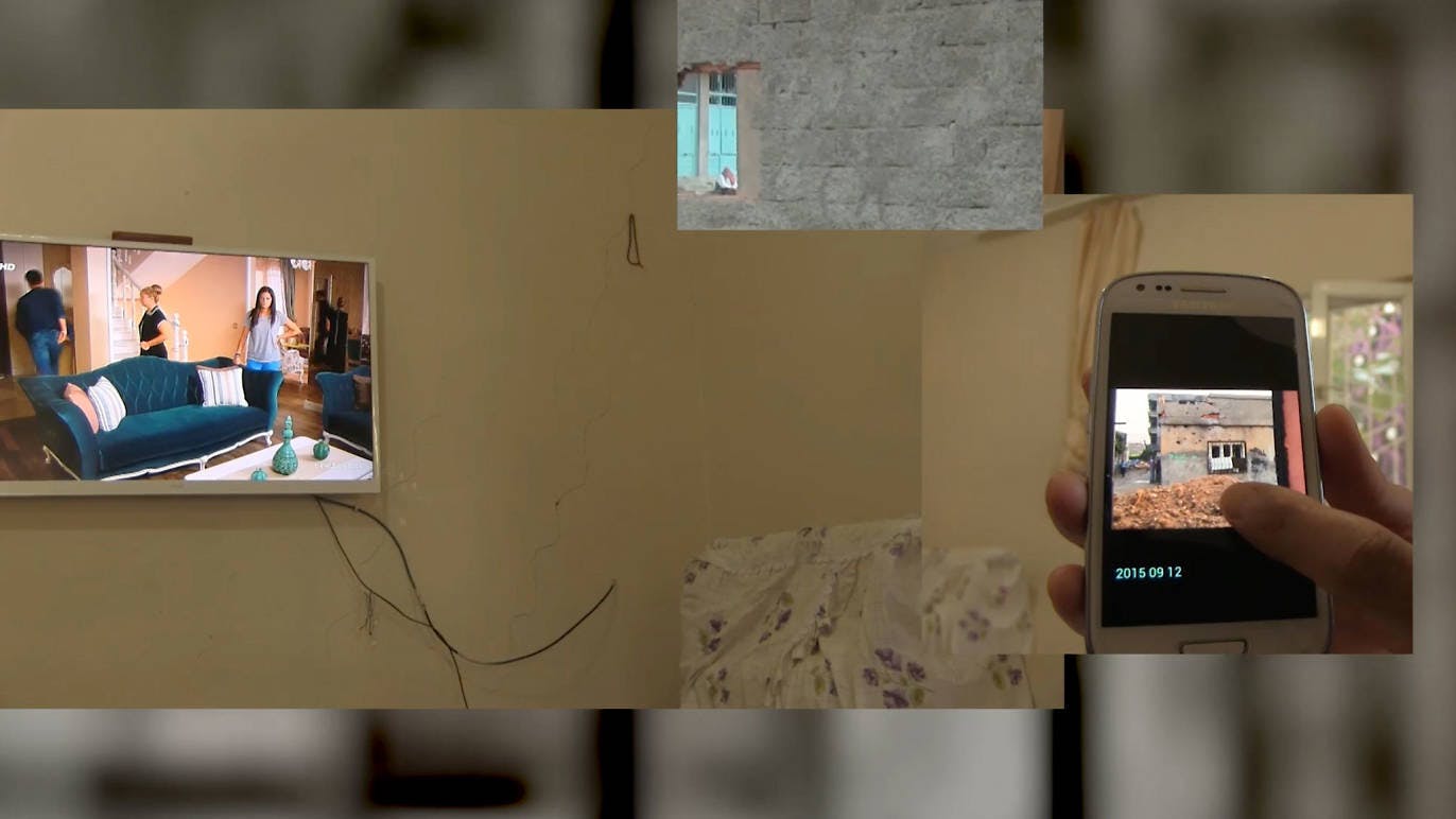 A screen shot from a film includes someone on their smartphone. A flat screen TV shows a family standing up in a front room. The collaging and layering of imagery suggests a computer desktop. 