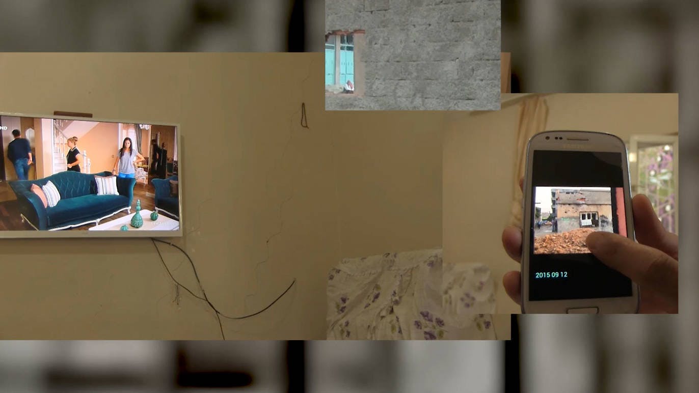 A screen shot from a film includes someone on their smartphone. A flat screen TV shows a family standing up in a front room. The collaging and layering of imagery suggests a computer desktop.