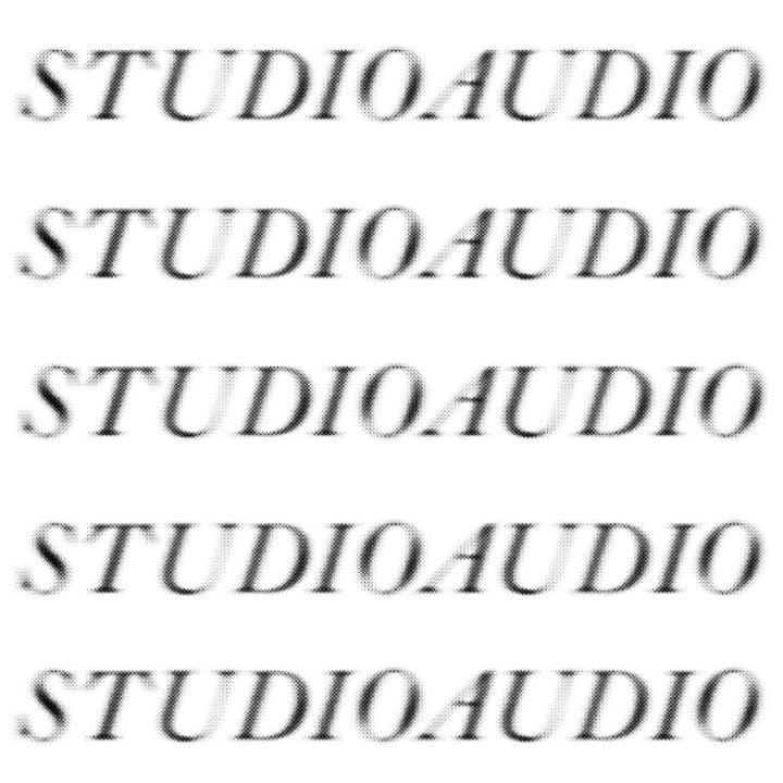 The phrase 'Studio Audio' in black and white repeats on a white background. The typeface is slightly fuzzy.