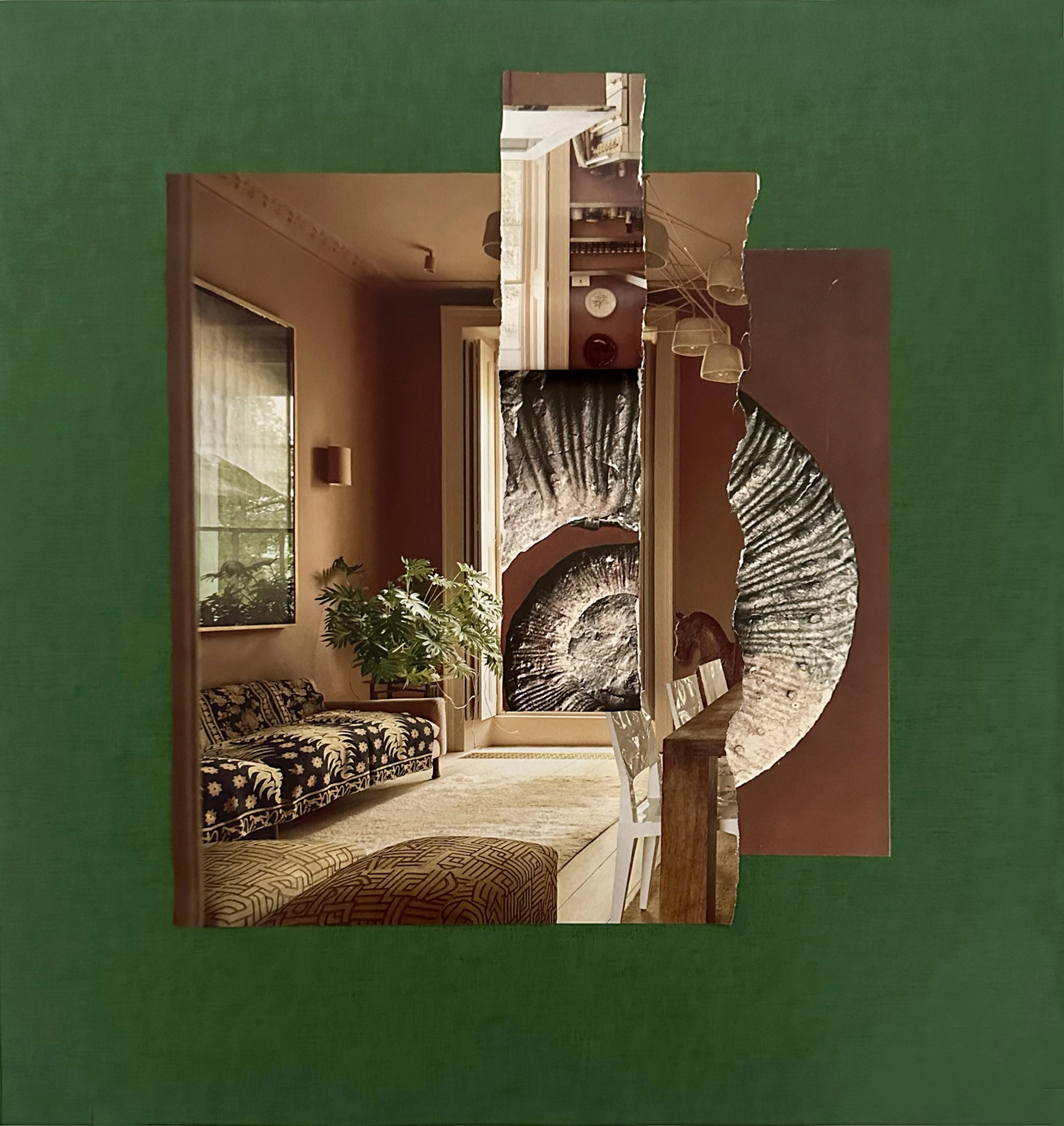 Collage on green card. The collage brings together images of an expensive high class interior with a shell to create a surrealist picture of natural and human worlds. 