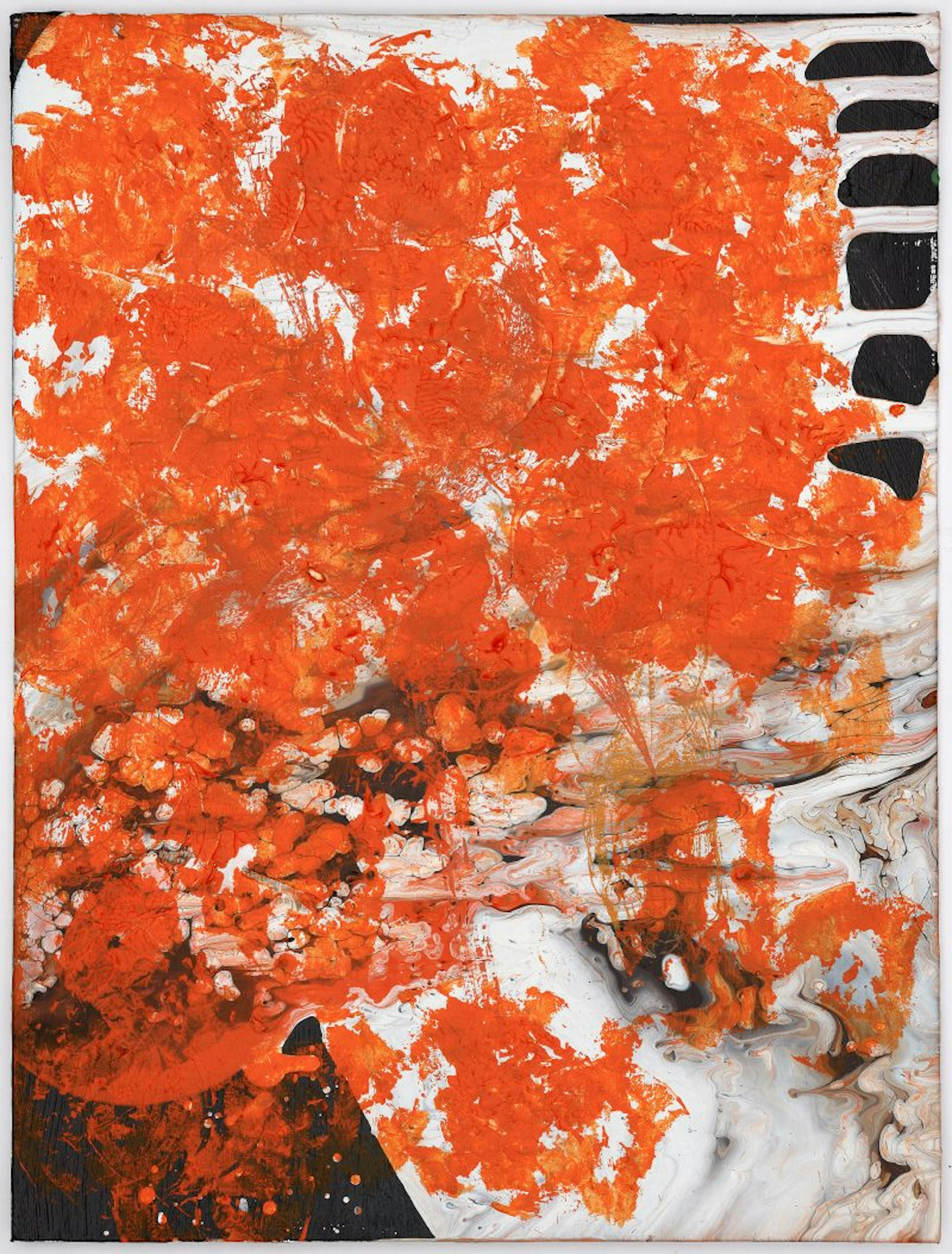 An abstract painting in portrait mode. Strong vibrant orange paint is dappled over washes and blocks of black paint on a white background. 