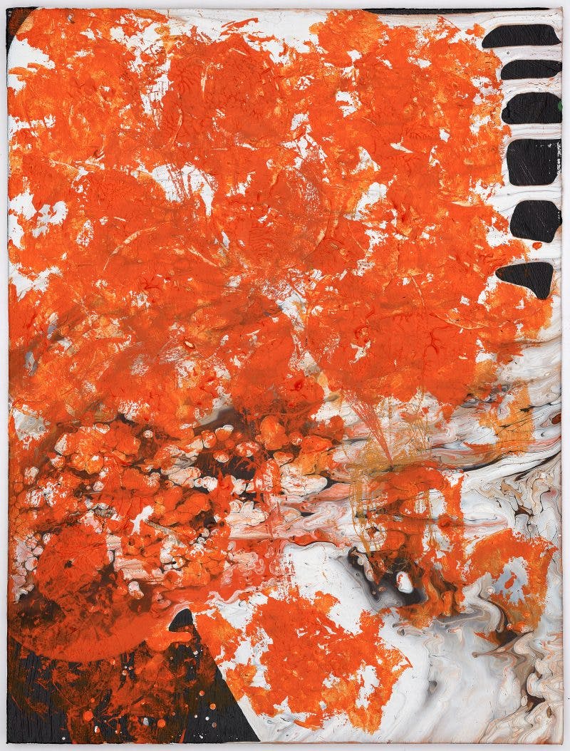 An abstract painting in portrait mode. Strong vibrant orange paint is dappled over washes and blocks of black paint on a white background.