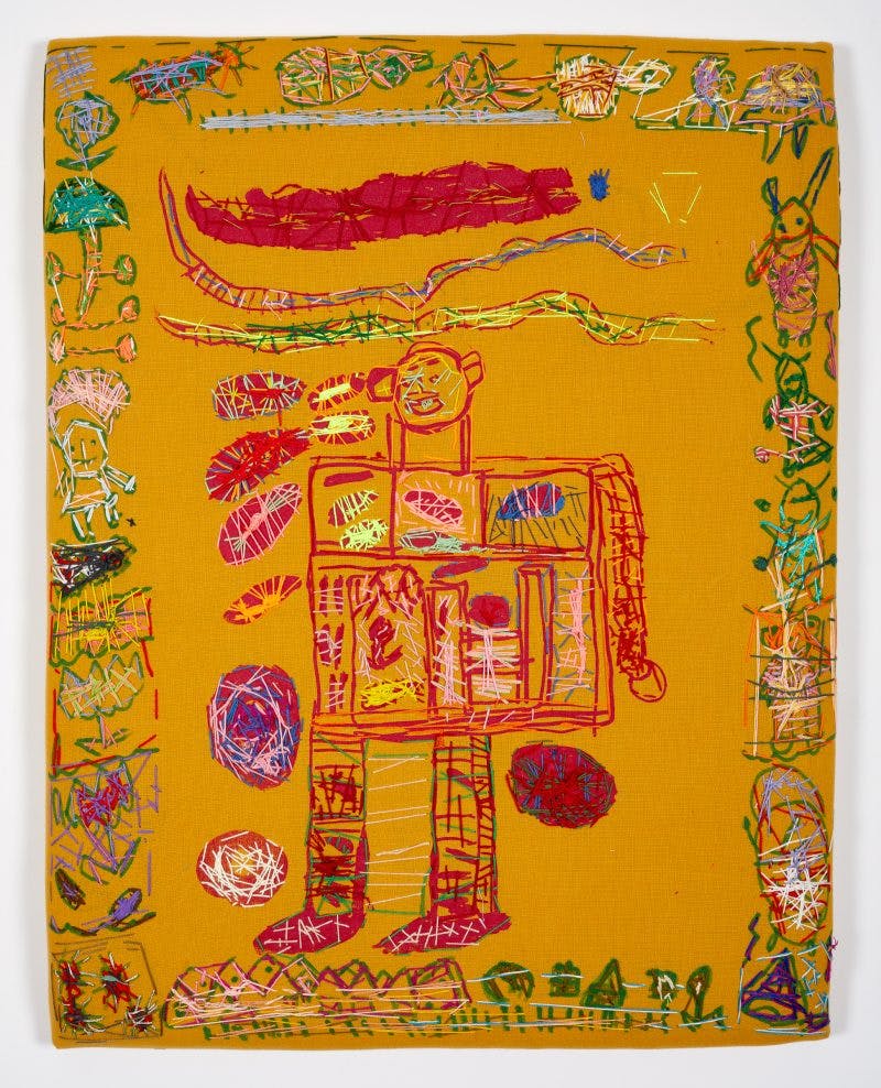 against a mustard yellow background a robotic looking figure is dancing in high heels. The drawing is red and screenprinted creating a sketchy and loose feeling across the canvas.