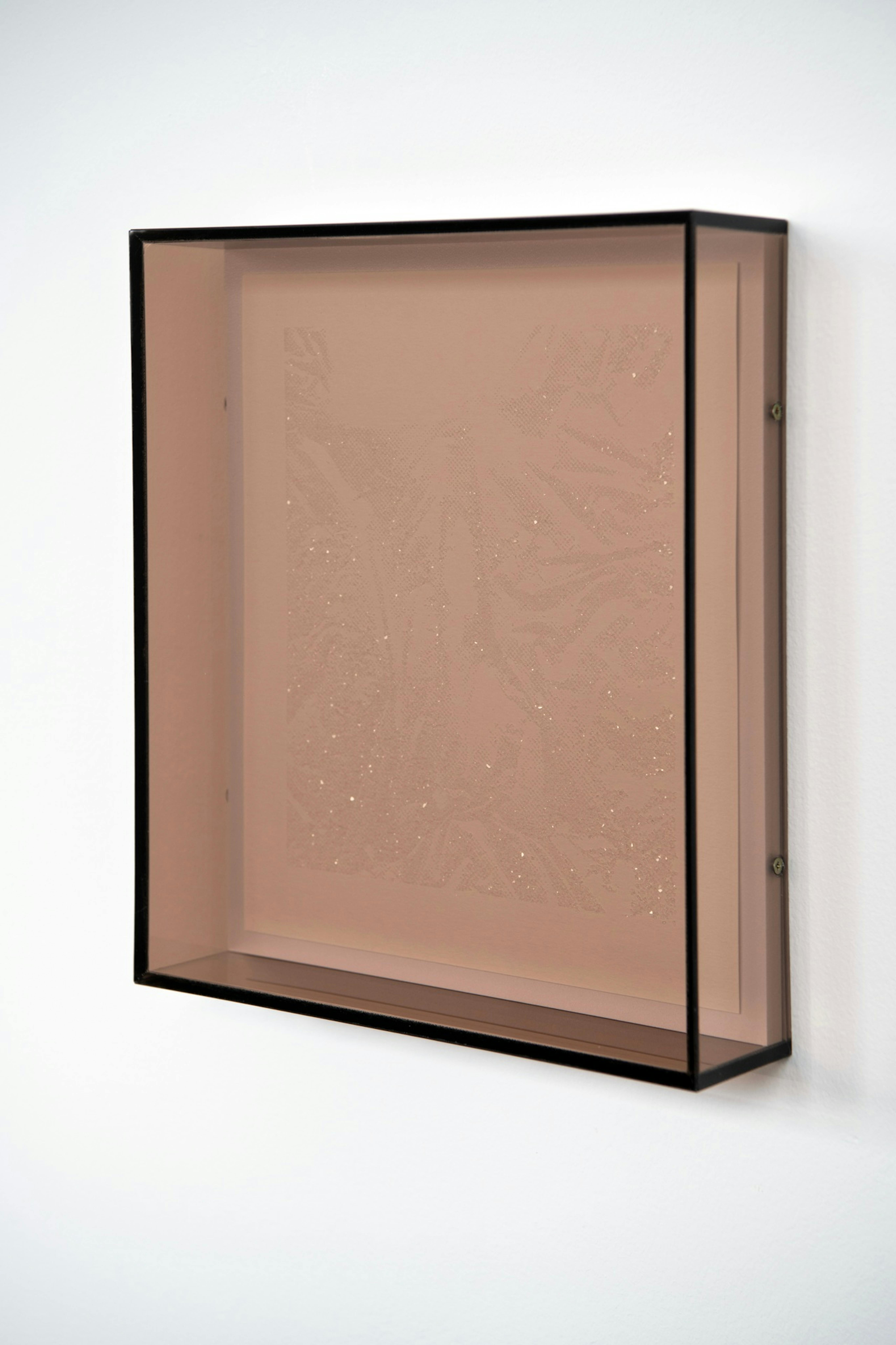 a semi-transparent perspex box. A vague outline of a plastic bag can be seen through the perspex, the form is covered in diamond dust. 
