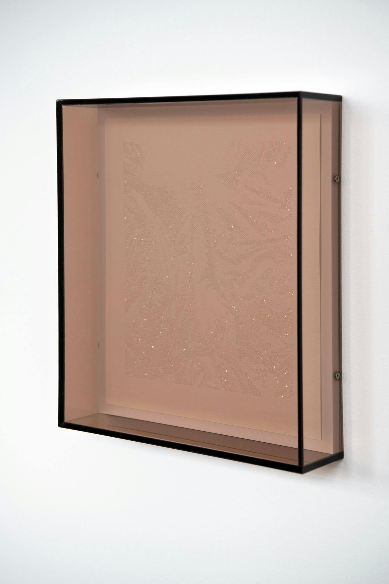 a semi-transparent perspex box. A vague outline of a plastic bag can be seen through the perspex, the form is covered in diamond dust.