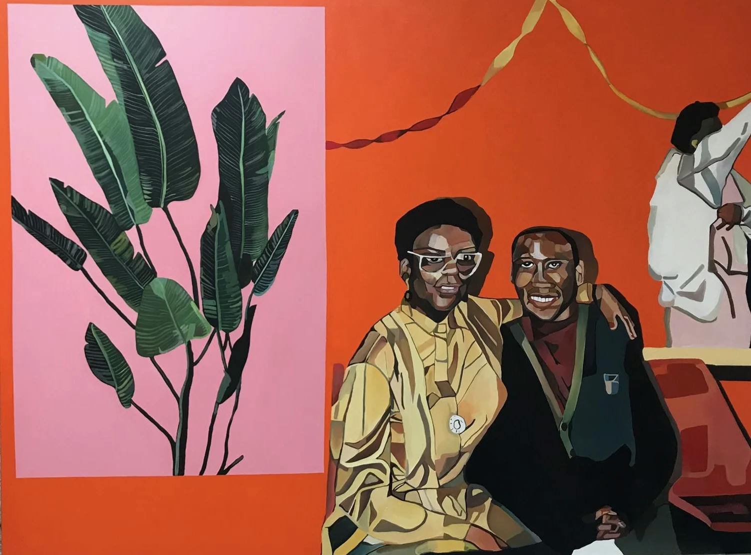 The painting is taken from a photograph. A smartly dressed couple are hugging and smiling to the camera. They are surrounded by deep abstract block of red colour. In the centre of the image is a pink rectangle framing a pot plant.