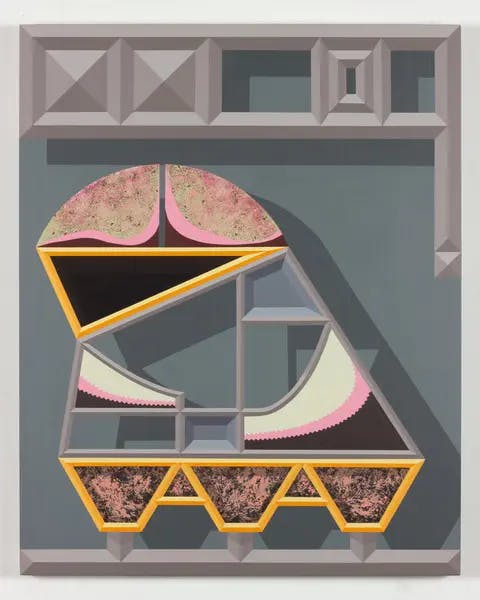 A painting encompassing grey, pink and yellow elements. The image is partially abstract and evokes fantastical and impossible architecture. 