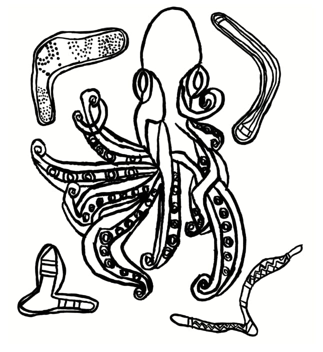 an octopus surrounded by oversized boomerangs drawn in black ink on white paper. 