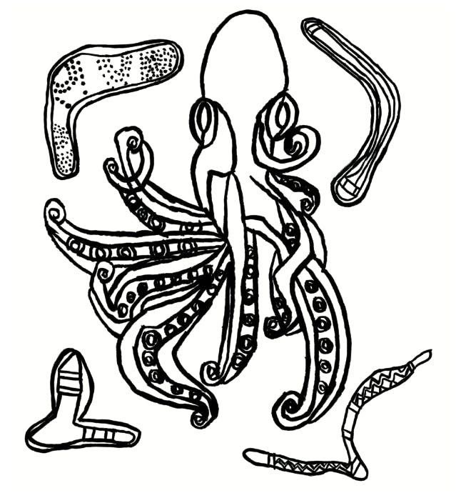 an octopus surrounded by oversized boomerangs drawn in black ink on white paper.