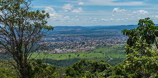 Imagem panorâmica da cidade Caldas Novas, em Goiânia, em dia ensolarado. A foto mostra a vegetação da região em primeiro plano e a cidade ao fundo.