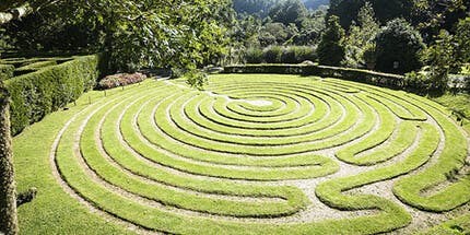 Imagem do Parque Amantikir, em Campos do Jordão. A foto mostra o jardim em forma de labirinto em dia ensolarado, cercado pelos arbustos e árvores do local.