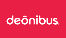 Imagem de logo da DeÔnibus em branco com o fundo rosa.