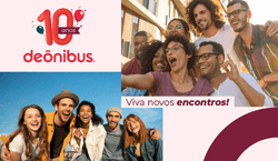 Colagem com duas fotos de grupos diversos de pessoas sorrindo enquanto tiram fotos em seus celulares com a mensagem "10 anos deônibus. Viva novos encontros"