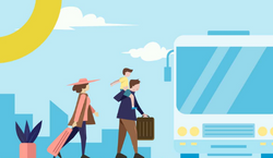 Ilustração de uma família composta por uma mulher que carrega uma mala rosa, um homem que carrega uma mala marrom em uma mão e seu filho em seus ombros enquanto entram em um ônibus de viagem.