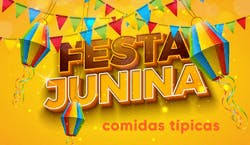 Imagem com fundo amarelo e decorações de bandeirinhas e balões característicos da Festa Junina. Há a mensagem "Festa Junina: comidas típicas".