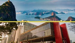 A imagem é uma montagem com duas fotos. Na parte de cima da imagem há uma foto de visão parnorâmica do Rio de Janeiro com seu mar e montanhas em destaque e, abaixo, há uma foto do Museu do Masp de São Paulo.