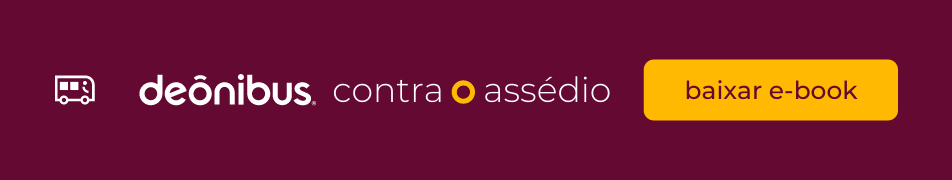 Banner de direcionamento. A peça tem o fundo roxo escuro na cor açaí com a mensagem "DeÔnibus contra o assédio" e um botão de ação "baixar e-book" para o download do E-Book Contra o Assédio.