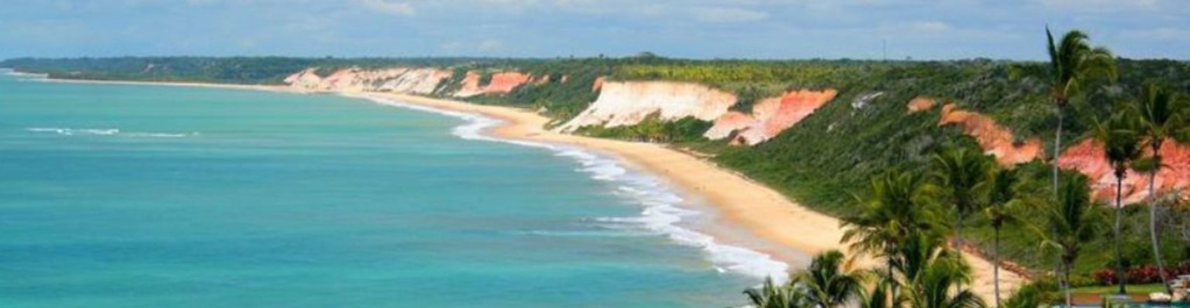 Praia de Porto Seguro. O mar é azul e calmo. Na faixa de areia há vegetação. O céu está limpo e sem nuvens.