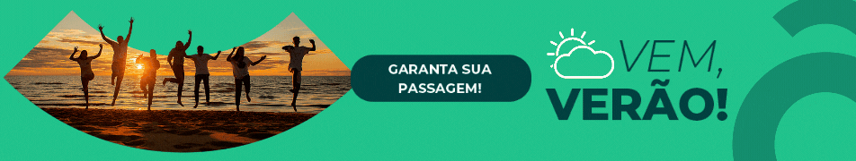Em fundo verde há a frase 'Vem verão! Garanta sua passagem!' e ao lado há uma imagem de sete amigos pulando em direção ao mar no pôr do sol.