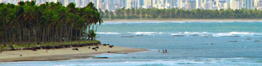 Praia de Fortaleza com banhistas no mar.