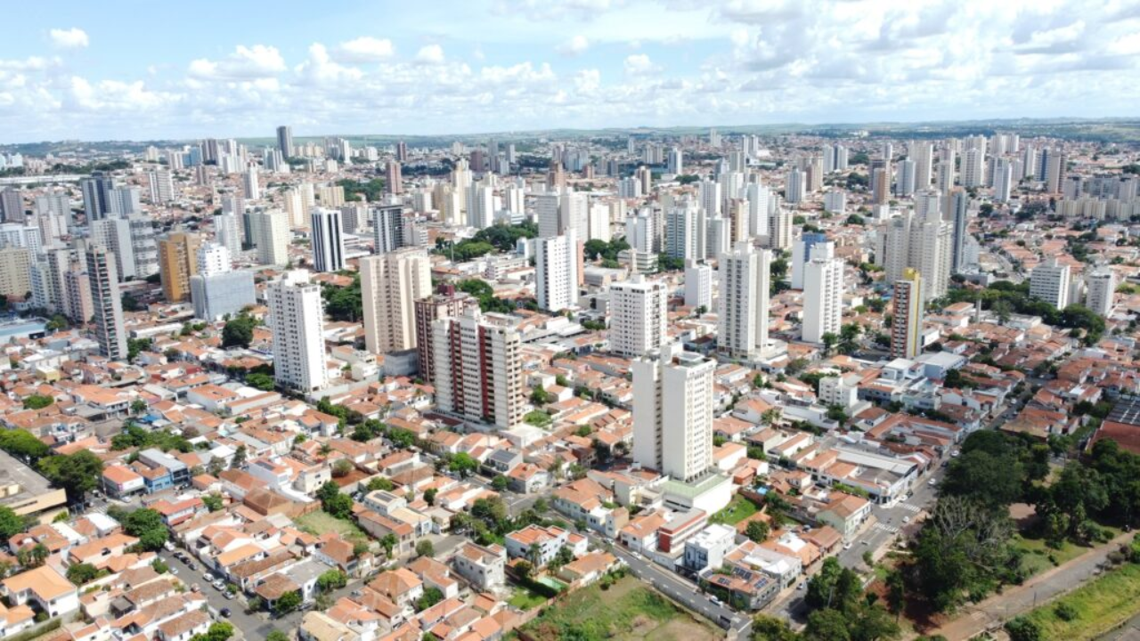 Foto aérea de Piracicaba, em São Paulo, com céu claro e com algumas nuvens, e abaixo prédios, casas e áreas verdes.
