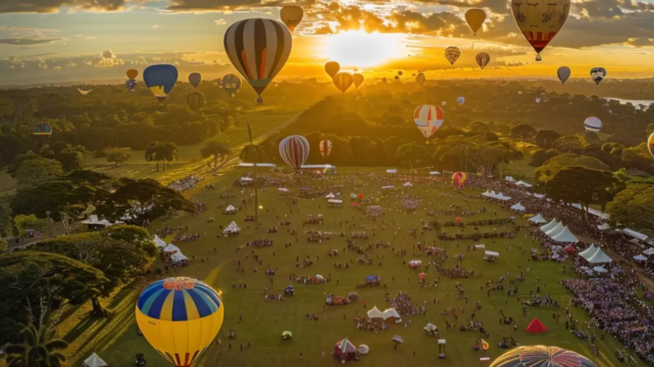 Diante de um pôr do sol de tirar o fôlego, com algumas poucas nuvens, e com montanhas ao fundo, vemos balões de ar voando alto sobre as terras de Boituva, no interior de São Paulo.