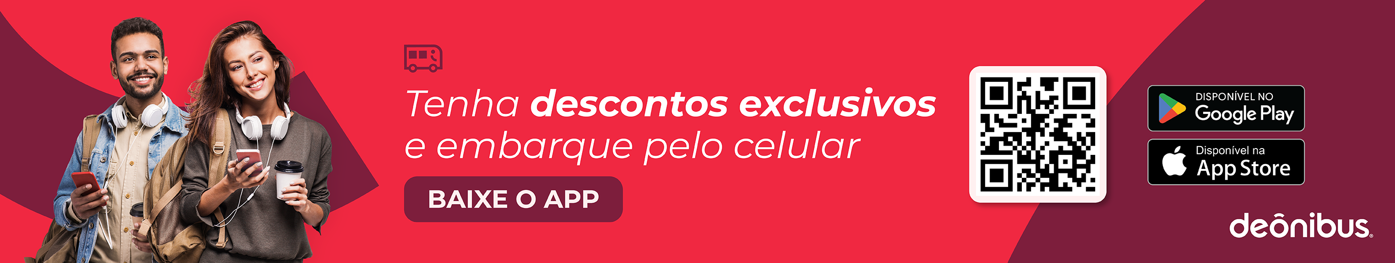 Um homem e uma mulher sorriem enquanto seguram seus celulares em suas mãos. À esquerda, há a mensagem 'Tenha descontos excluivos e embarque pelo celular. Baixe o App.' Toque na imagem e acesse a loja do seu dispositivo.