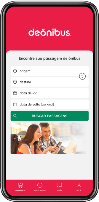 Imagem do aplicativo DeÔnibus aberto em um celular. A foto mostra o fundo rosa do aplicativo, com o buscador e os botões de interação do aplicativo.