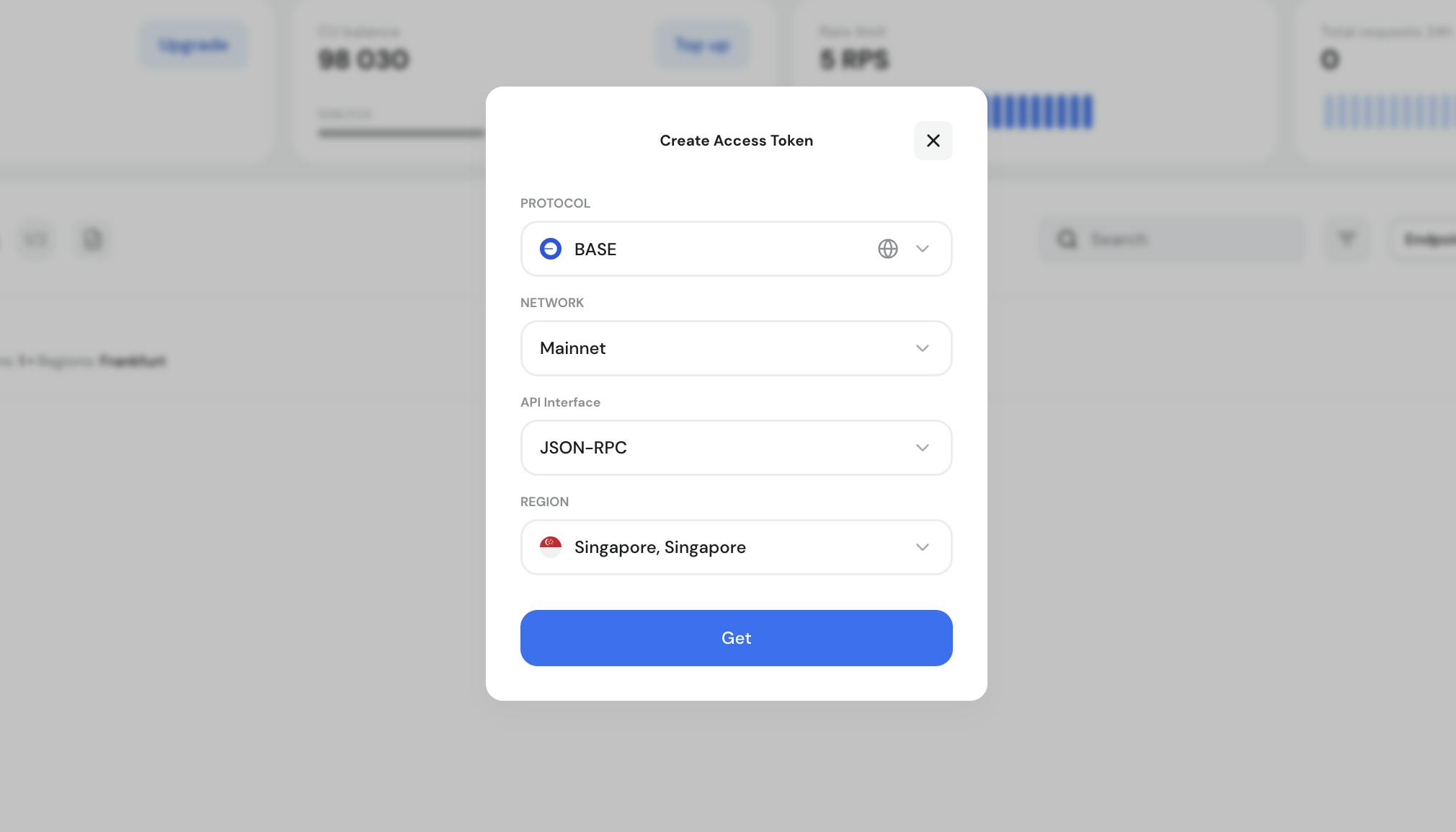 Choosing Singapore as your region when creating a Shared Node endpoint