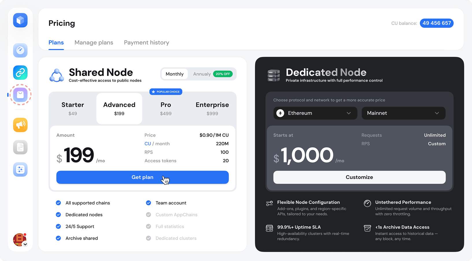 GetBlock RPC nodes for sale pricing tab in the user dashboard