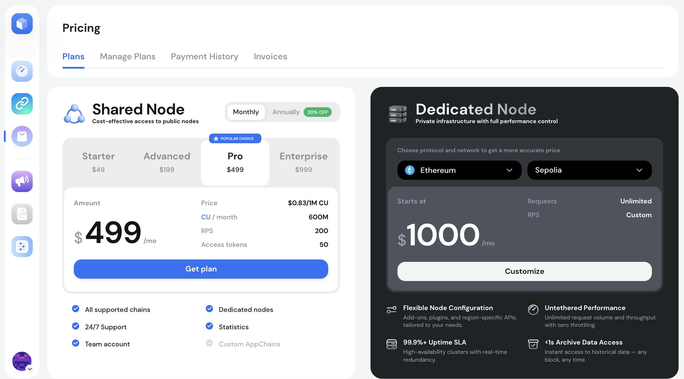 Redesigned GetBlock RPC services pricing tab