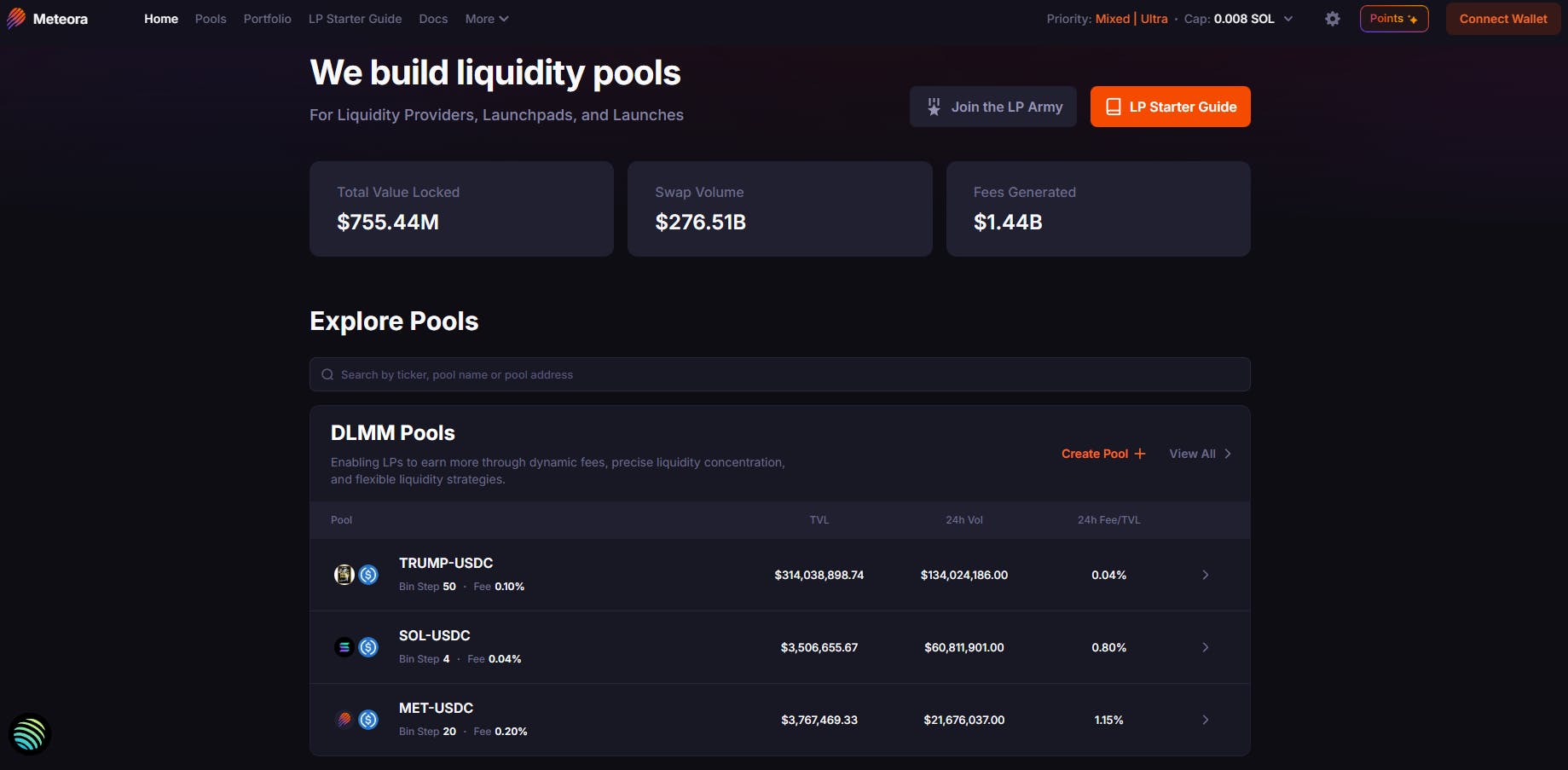 Meteora liquidity pools interface