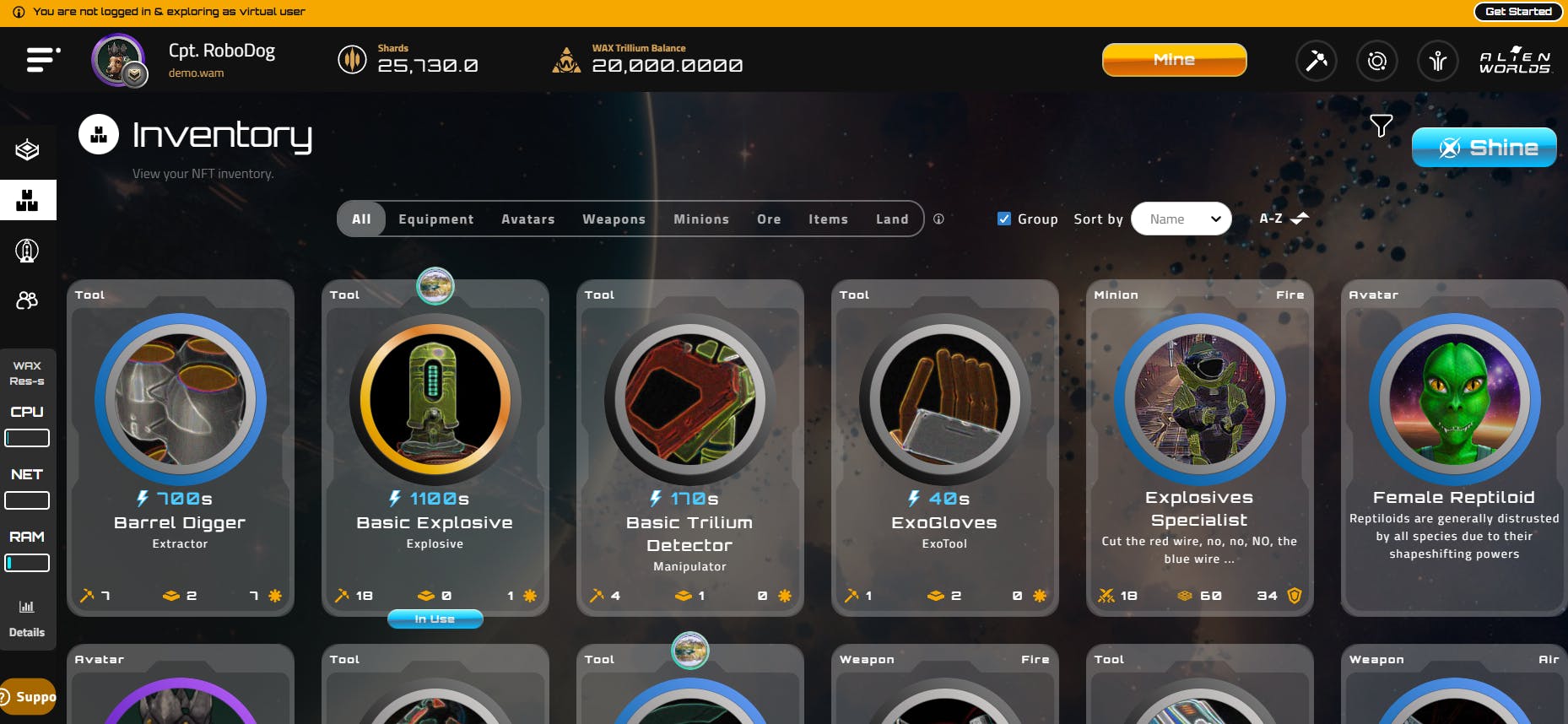 Alien World cards main interface