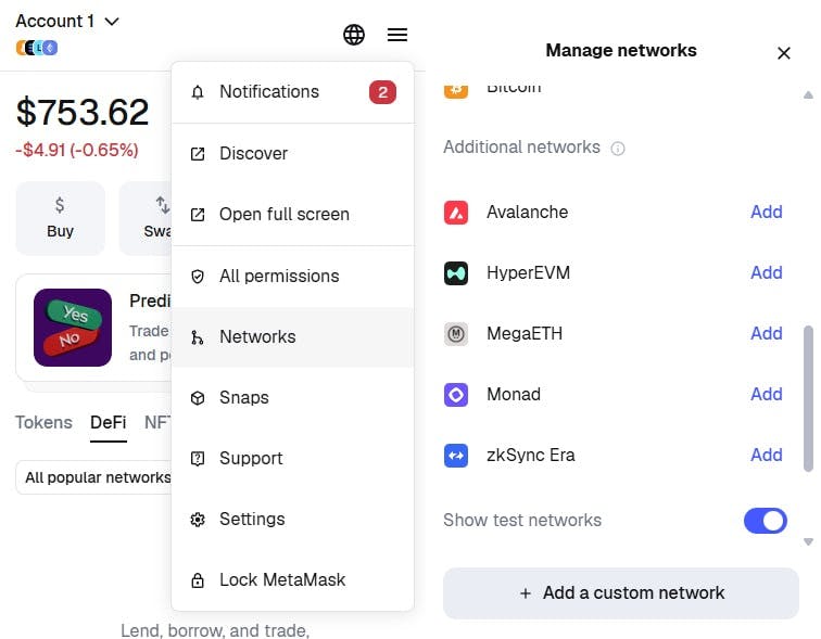 MetaMask settings and custom networks