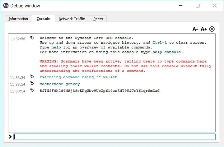 Syscoin debug window