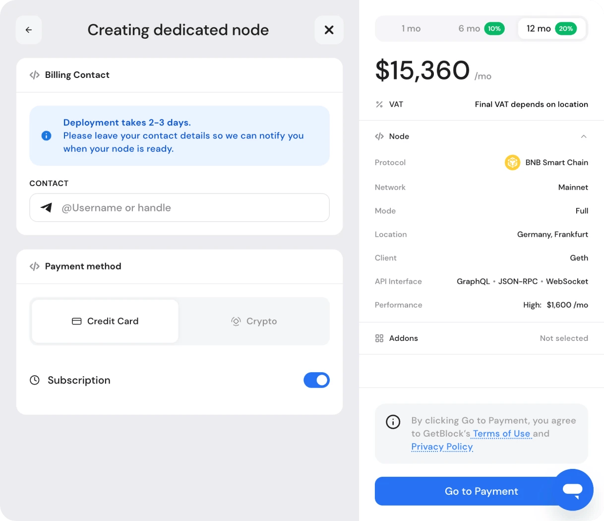 how to order dedicated node deployment from GetBlock's dashboard in a click