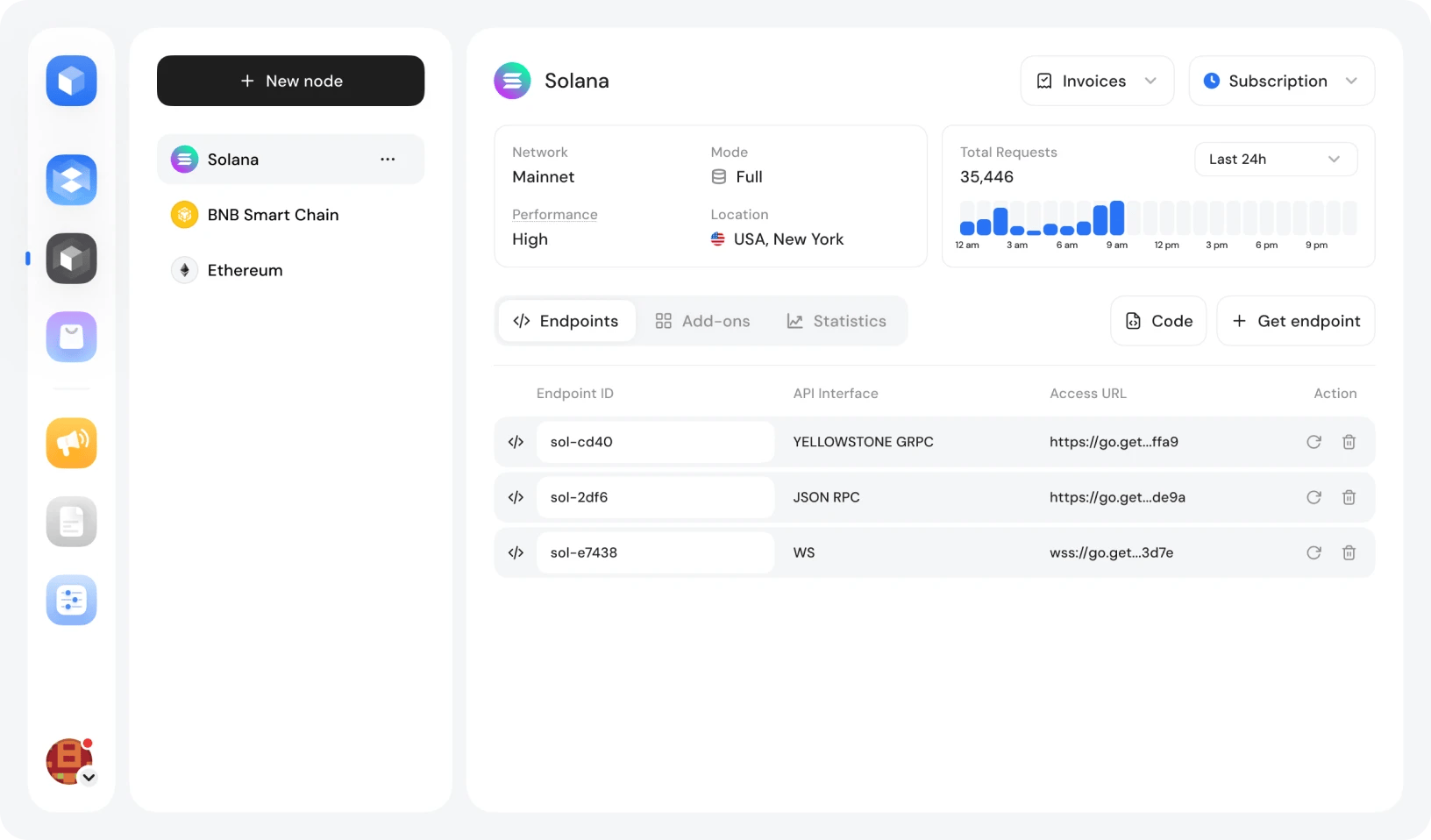 GetBlock's dashboard for managing dedicated blockchain node servers