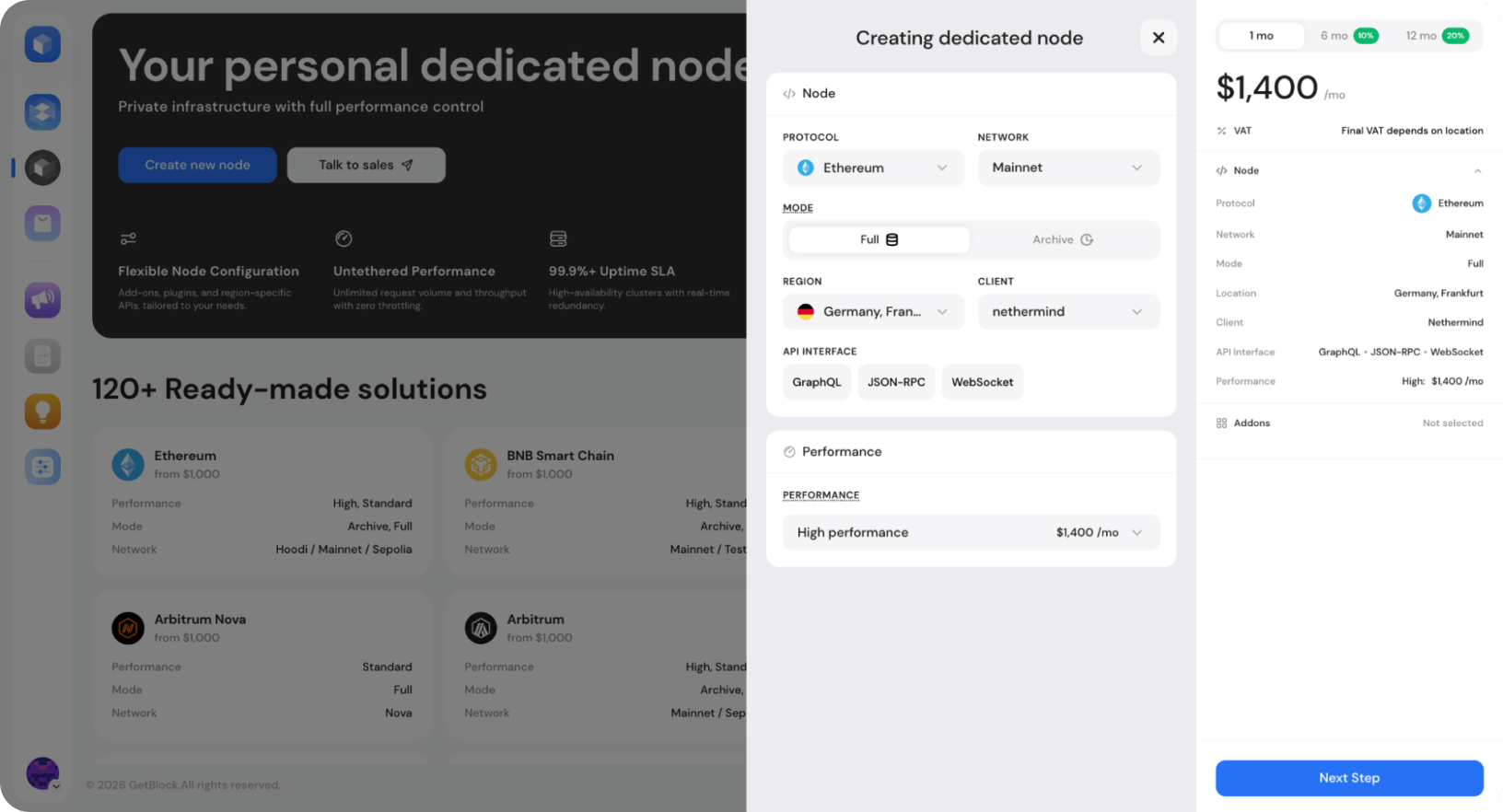 Private blockchain node configurator tool inside GetBlock account