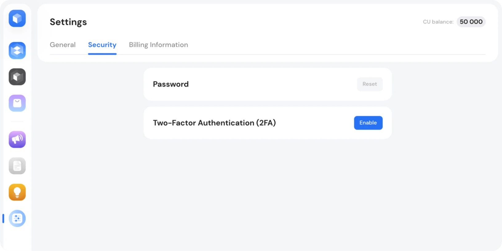 2FA settings inside the GetBlock account
