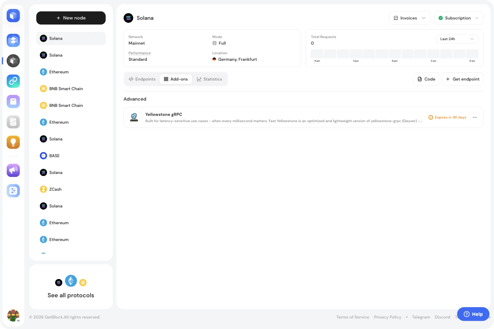 Dedicated Node add-on management via GetBlock dashboard